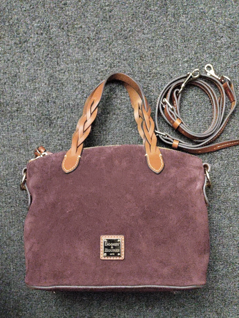Dooney & Bourke Burgundy Suede Crossbody with Braided Brown Leather Handles